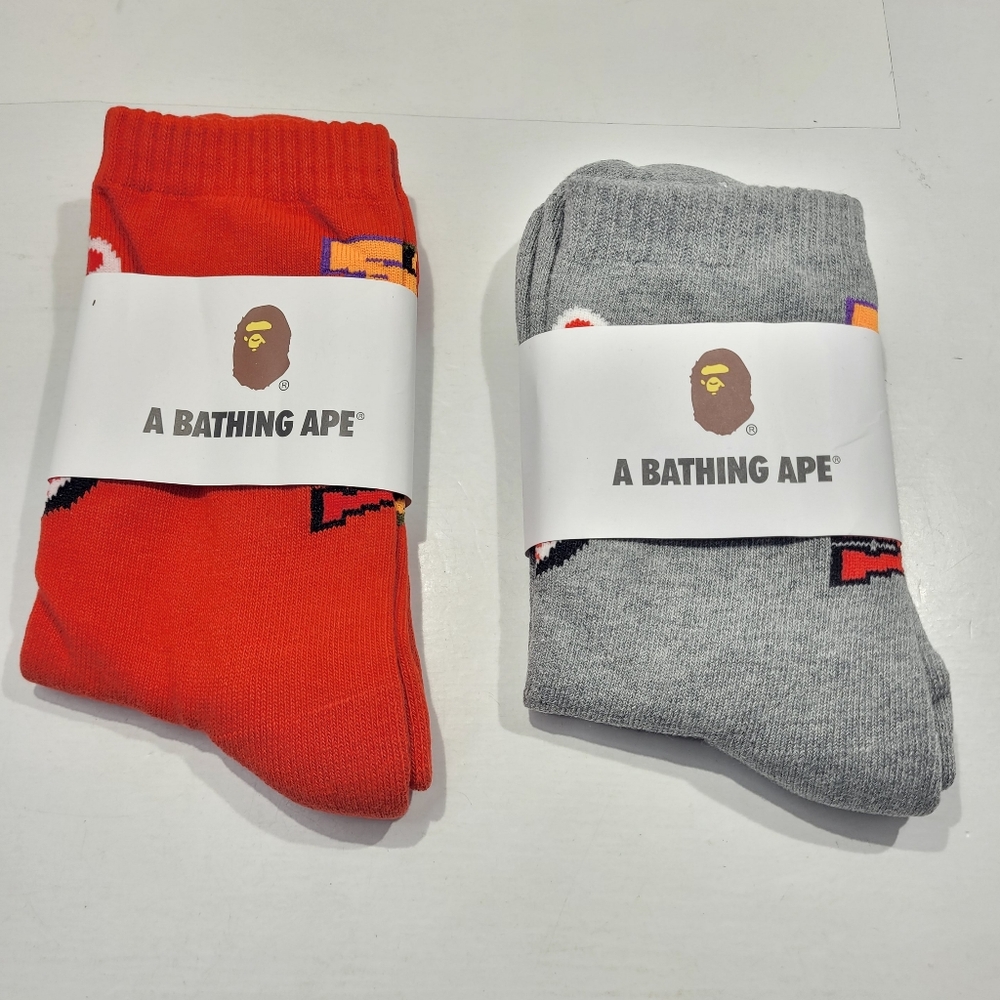BAPE A BATHING APE SHARK TIGER WGM CREW LOGO SOCKS 2 PAIR LOT